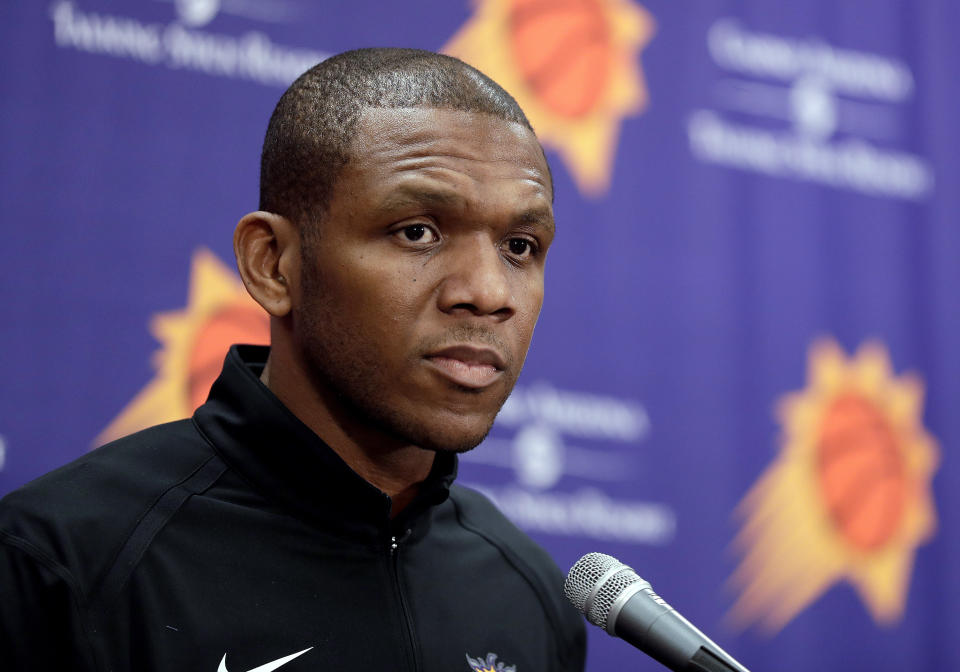 FILE - In this April 24, 2019, file photo, Phoenix Suns general manager James Jones speaks to the media in Phoenix. The Suns released a statement regarding a potential media investigation into the workplace culture of the franchise, denying that the organization or owner Robert Sarver have a history of racism or sexism. Jones said in the team’s response: “None of what’s been said describes the Robert Sarver I know, respect and like – it just doesn’t.” (AP Photo/Matt York File)