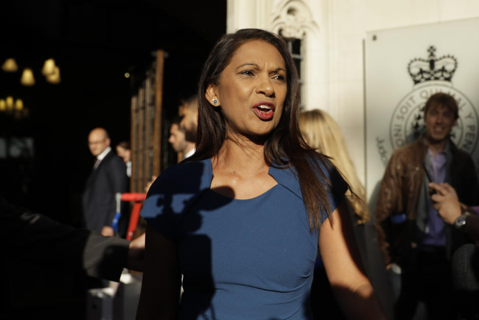 Anti Brexit campaigner Gina Miller arrives at the Supreme Court in London, Tuesday Sept. 17, 2019. The Supreme Court is set to decide whether Prime Minister Boris Johnson broke the law when he suspended Parliament on Sept. 9, sending lawmakers home until Oct. 14 — just over two weeks before the U.K. is due to leave the European Union. (AP Photo/Matt Dunham)