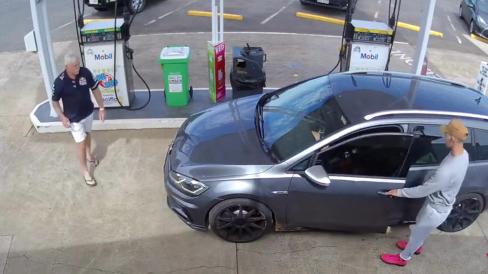 After casually waiting at the bowser, the servo owner stepped out to block the path of the car. Source: 7News