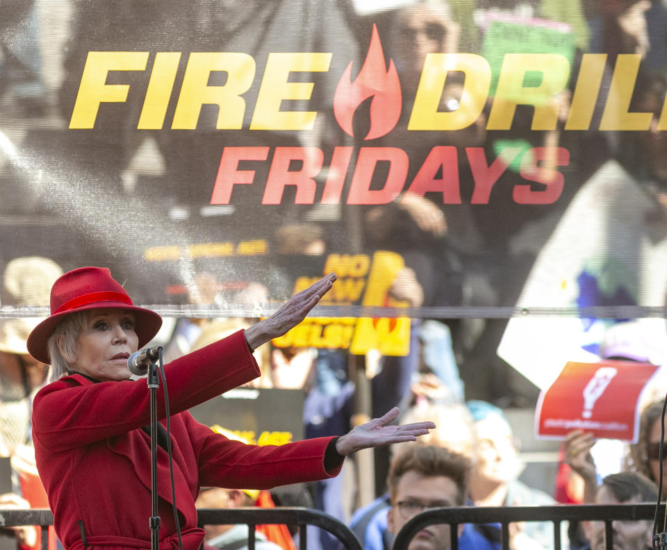 Jane Fonda leads a Fire Drill Fridays rally, calling for action to address climate change at Los Angeles City Hall Friday, Feb. 7, 2020. A half-century after throwing her attention-getting celebrity status into Vietnam War protests, Fonda is now doing the same in a U.S. climate movement where the average age is 18. (AP Photo/Damian Dovarganes)