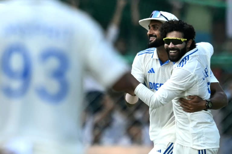 India's Ravindra Jadeja celebrates after taking his 300th Test wicket during the second Test against Bangladesh in Kanpur (Money SHARMA)