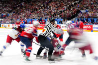 Players face off during the preliminary round match between Czech Republic and Norway at the Ice Hockey World Championships in Prague, Czech Republic, Saturday, May 11, 2024. (AP Photo/Petr David Josek)