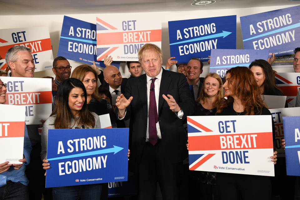 Prime Minister Boris Johnson at Conservative Campaign Headquarters Call Centre, London, while on the election campaign trail.