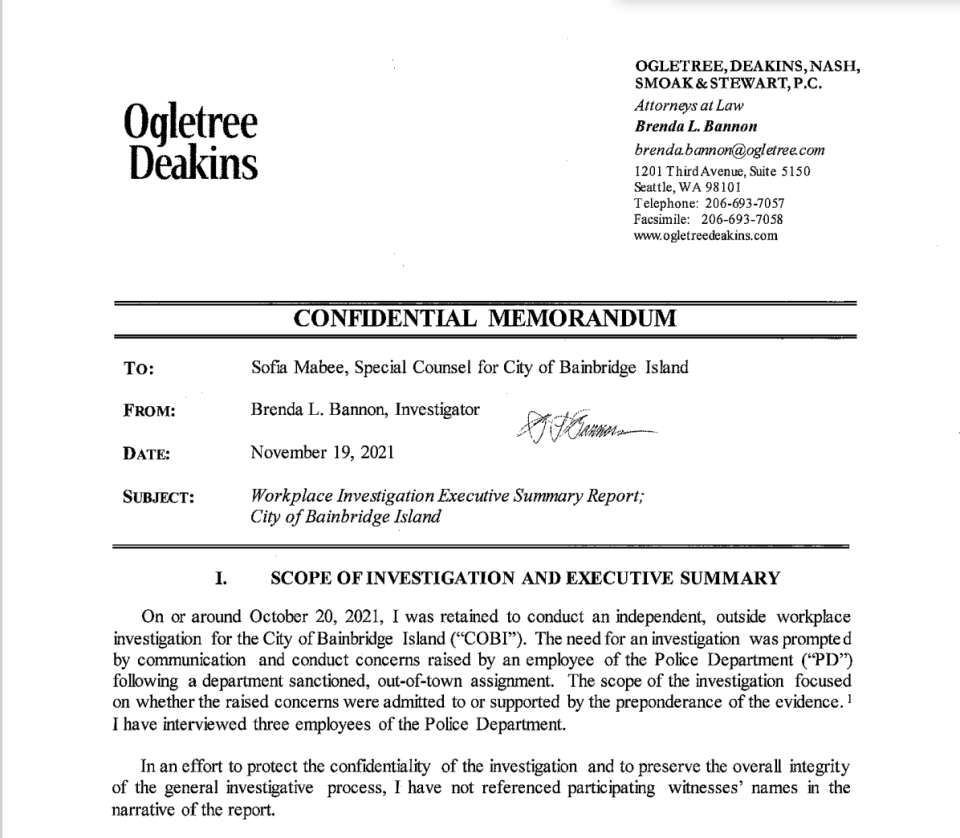 Poulsbo police Detective Erik Peffer was investigated twice within about six months by the same attorney while he was working for Bainbridge Island police and then Poulsbo police. This is the first page of the Bainbridge investigation.