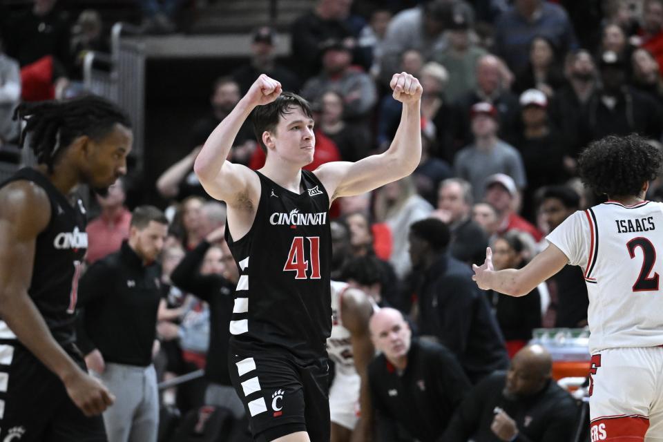 Cincinnati guard Simas Lukosius (41) reacts to winning an NCAA college basketball game against Texas Tech, Saturday, Feb. 3, 2024, in Lubbock, Texas. (AP Photo/Justin Rex)