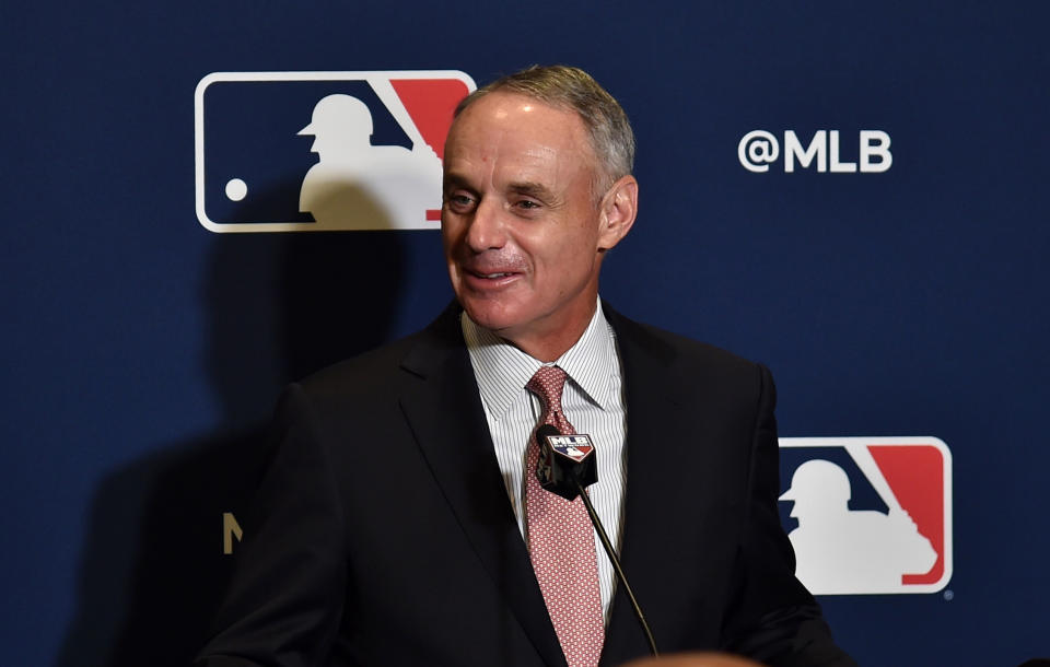 Feb 17, 2019; West Palm Beach, FL, USA; MLB commissioner Rob Manfred addresses representatives from the grapefruit league during the annual spring training media day at Hilton in West Palm Beach. Mandatory Credit: Steve Mitchell-USA TODAY Sports