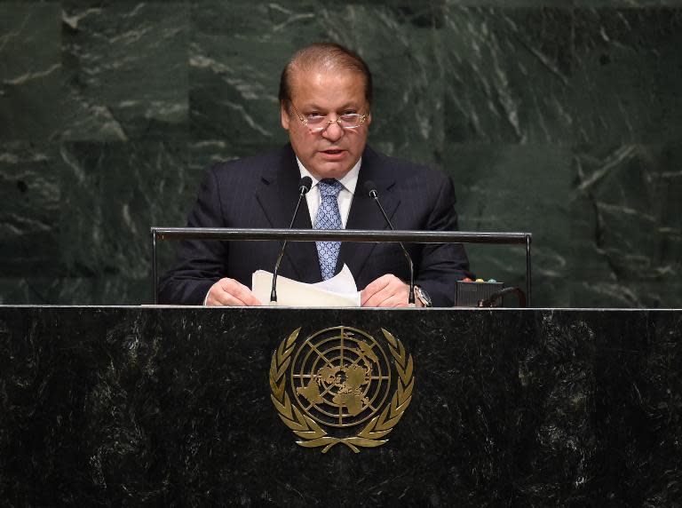 Muhammad Nawaz Sharif, Prime Minister of Pakistan speaks during the 69th Session of the UN General Assembly September 26, 2014 in New York