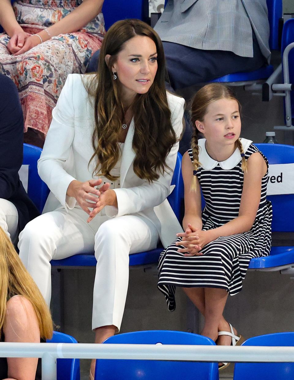 Catherine, Duchess of Cambridge and Princess Charlotte of Cambridge attend the Sandwell Aquatics Centre during the 2022 Commonwealth Games