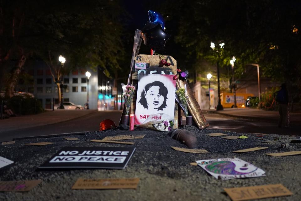 A memorial to Breonna Taylor is seen here during a Black Lives Matter protest on August. 2, 2020 in Portland, Ore.