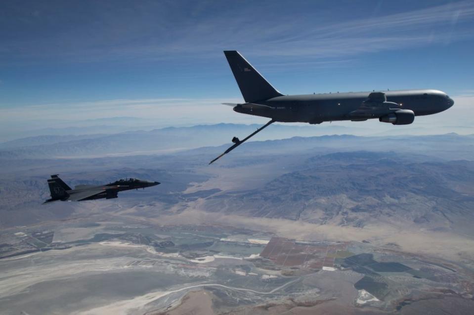 <em>A KC-46 refuels an F-15 (U.S. Air Force)</em>