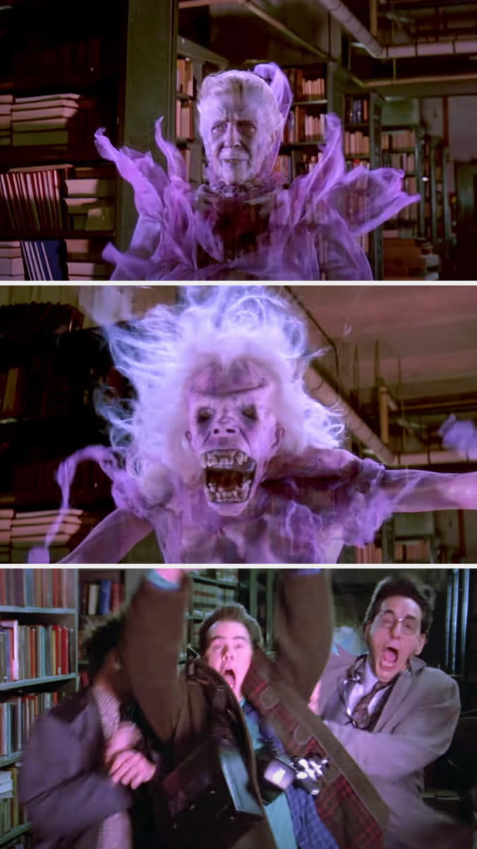the ghost librarian turning into a scary ghost as the ghostbusters scream