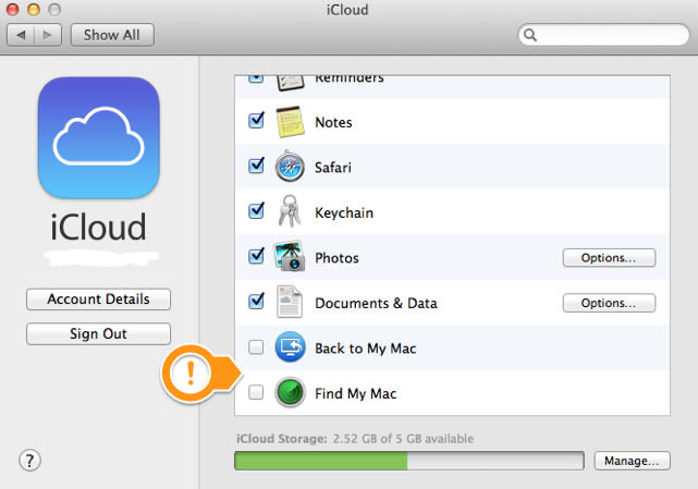 System Preferences utility showing iCloud preference pane, indicating the Find My Mac controls toggled off