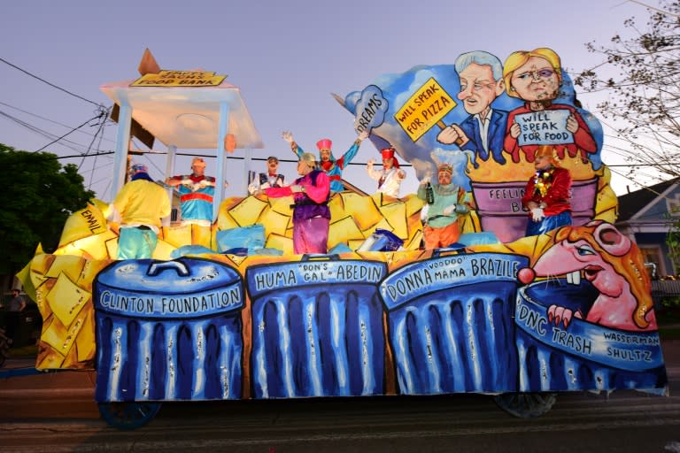The carnival parading society Chaos rolls its satirical float in New Orleans as part of the Mardi Gras celebrations, on February 23, 2017