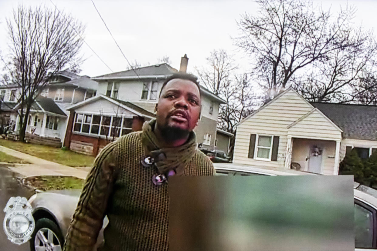 A dashcam video shows Patrick Lyoya, 26, after a Grand Rapids, Mich., police officer pulled him over April 4 over an unregistered license plate. The video was blurred by police. (Grand Rapids Police Department via AP)