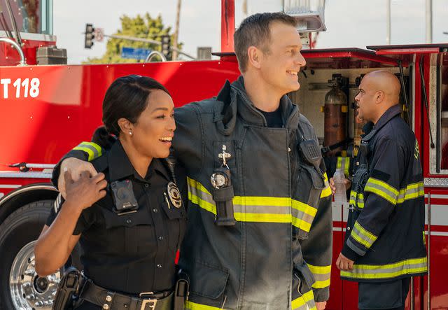 <p>20th Television</p> Angela Bassett and Peter Krause in a scene from '9-1-1'