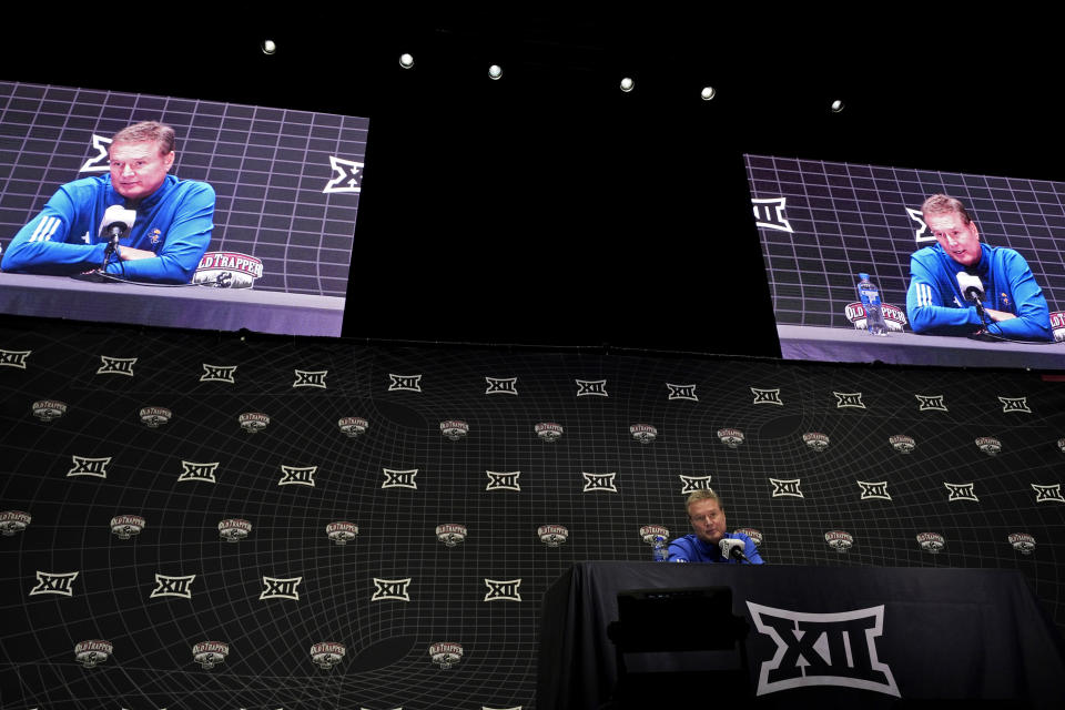 Kansas coach Bill Self speaks to the media during the NCAA college Big 12 men's basketball media day Wednesday, Oct. 18, 2023, in Kansas City, Mo. (AP Photo/Charlie Riedel)