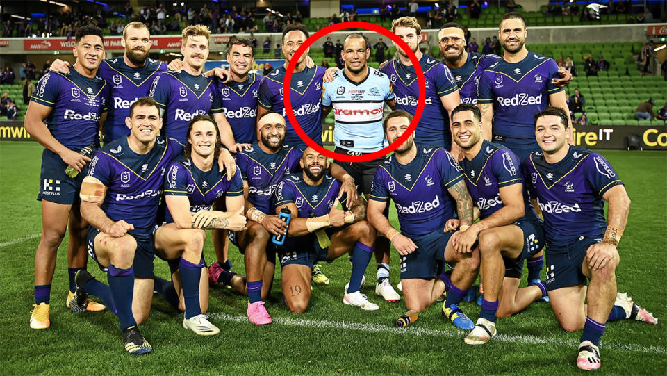 Cronulla Sharks centre and former Melbourne Storm star Will Chambers ruffled some feathers after posing with former teammates following a 40-16 drubbing. Picture: NRL/Twitter