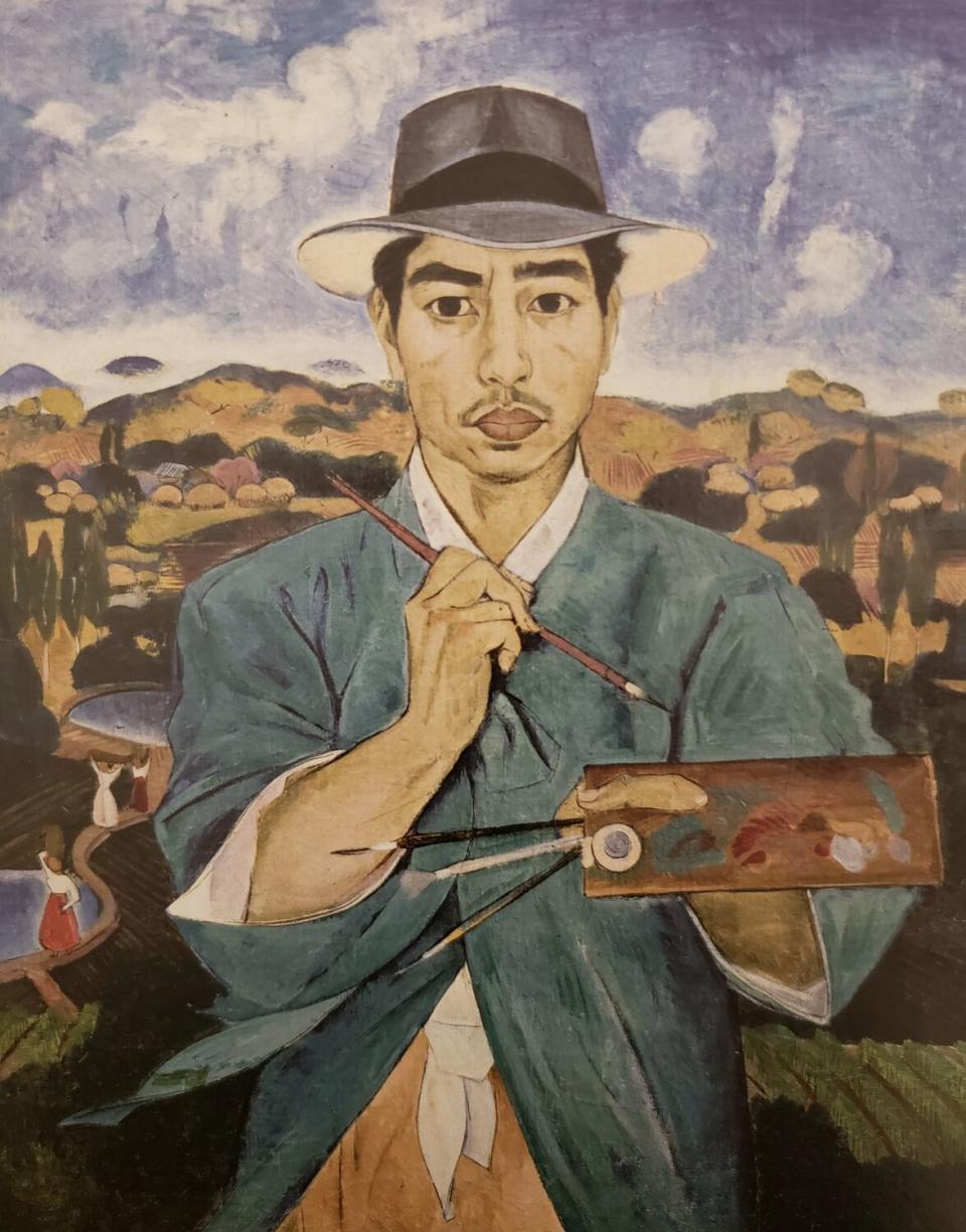 Lee Qoede, "Self-Portrait in Long Blue Coat," circa 1948-49, oil on canvas