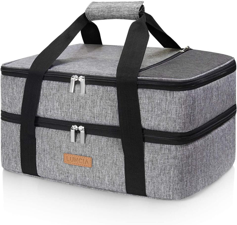 A gray double-decker casserole carrier