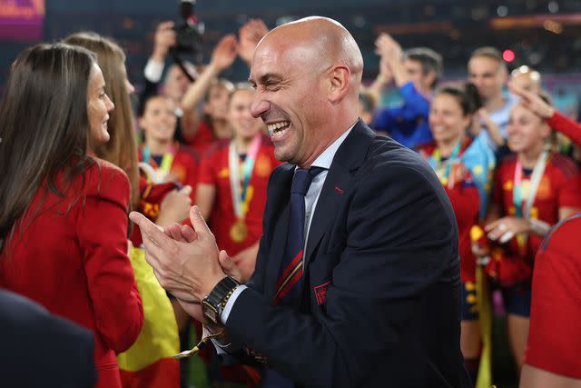 <p>Alex Pantling - FIFA/FIFA via Getty</p> Luis Rubiales, President of the Royal Spanish Football Federation celebrates after the team's World Cup victory