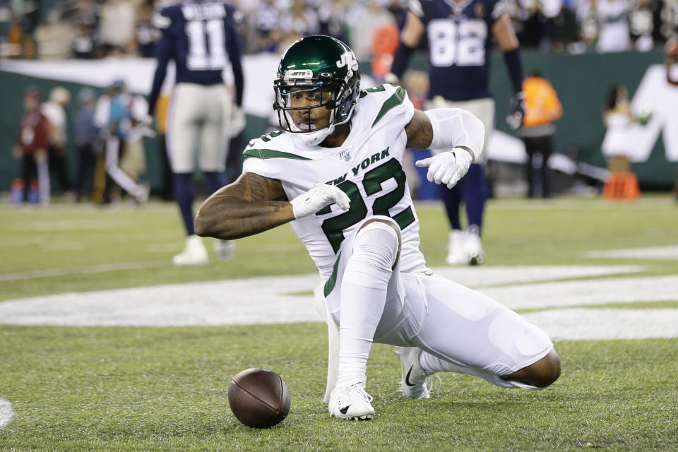 New York Jets' Trumaine Johnson reacts after the Dallas Cowboys failed to make a two-point conversion during the second half of an NFL football game, Sunday, Oct. 13, 2019, in East Rutherford, N.J. The Jets defeated the Cowboys 24-22. (AP Photo/Frank Franklin II)