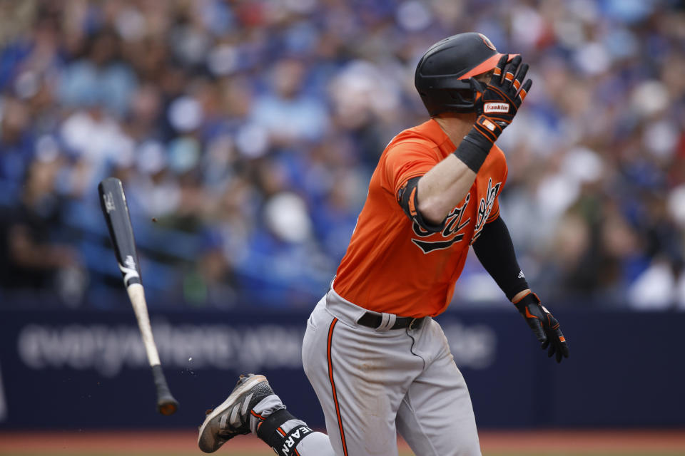 Baltimore Orioles' Ryan O'Hearn (32) runs out a three-run home run in the eighth inning of a baseball game against the Toronto Blue Jays in Toronto, Saturday, May 20, 2023. (Cole Burston/The Canadian Press via AP)