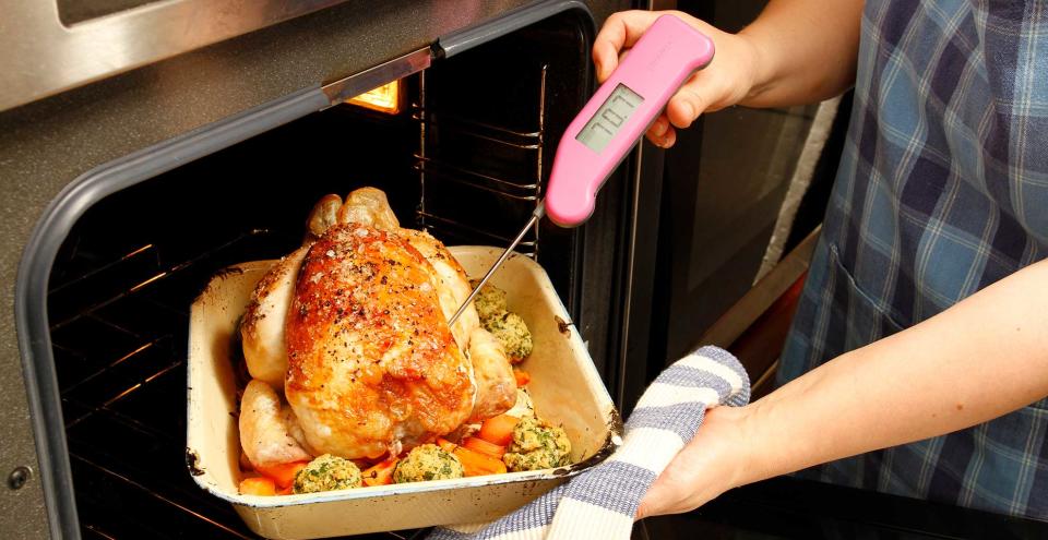 cooking a whole chicken in an oven using a meat thermometer to cook thoroughly