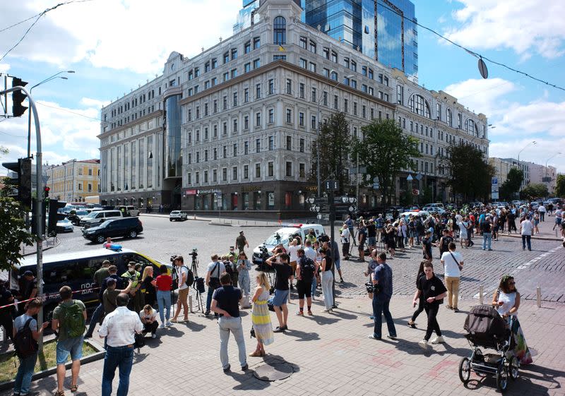 A view show a building where an unidentified man reportedly threatens to blow up a bomb in a bank branch, in Kyiv