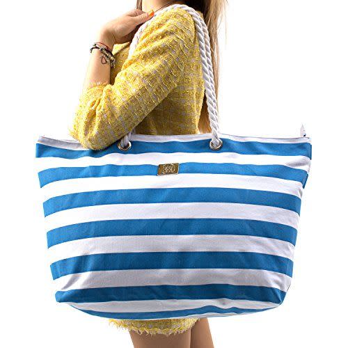 2) Large Canvas Striped Beach Bag