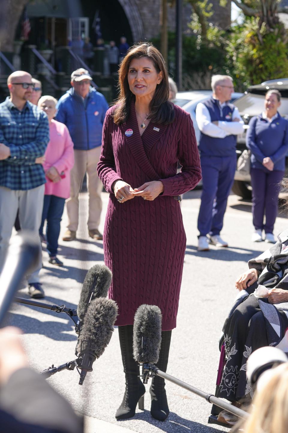 Feb 24, 2024; Kiawah Island, SC, USA; Republican presidential candidate and former South Carolina governor Nikki Haley spoke with press after voting in Saturday’s GOP primary Saturday in Kiawah Island. Megan Smith-USA TODAY