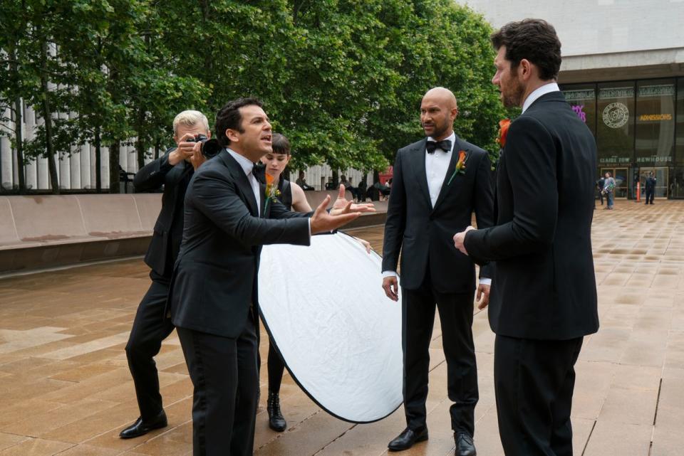 Fred Savage, left, in a scene from ‘Friends from College,’ complained to Netflix that the show wasn’t more visible on the platform.