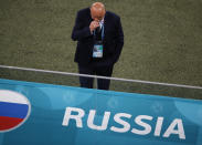 Russia's manager Stanislav Cherchesov during the Euro 2020 soccer championship group B match between Russia and Belgium at the Saint Petersburg stadium in St. Petersburg, Russia, Saturday, June 12, 2021. (Anton Vaganov/Pool via AP)