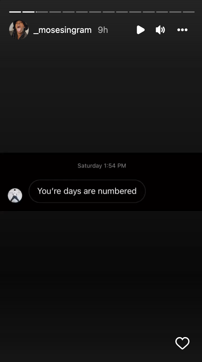 A screenshot of a message sent to Moses that says "Your days are numbered"