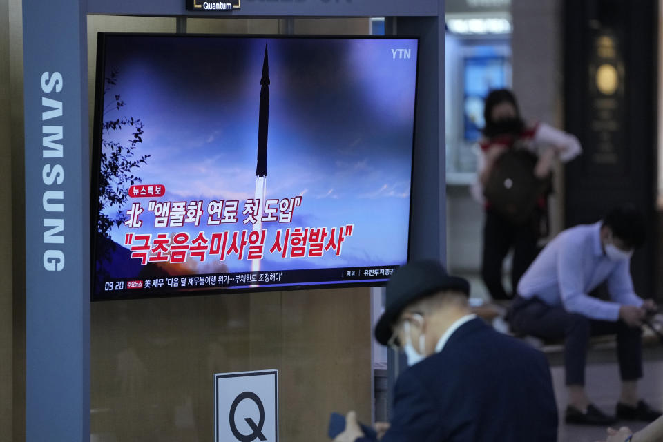 A TV news program reporting about North Korea's missile launch is seen at a train station in Seoul, South Korea, Wednesday, Sept. 29, 2021. North Korea said Wednesday it successfully tested a new hypersonic missile it implied was being developed as nuclear capable, as it continues to expand its military capabilities and pressure Washington and Seoul over long-stalled negotiations over its nuclear weapons. The Korean letters read: "Test a new hypersonic missile." (AP Photo/Lee Jin-man)