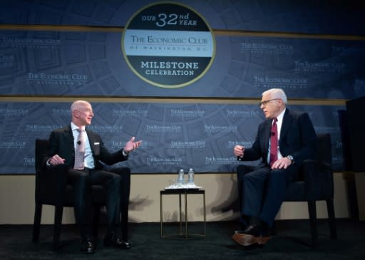 Jeff Bezos, founder and CEO of Amazon, speaks with US David Rubenstein, head of the Economic Club of Washington