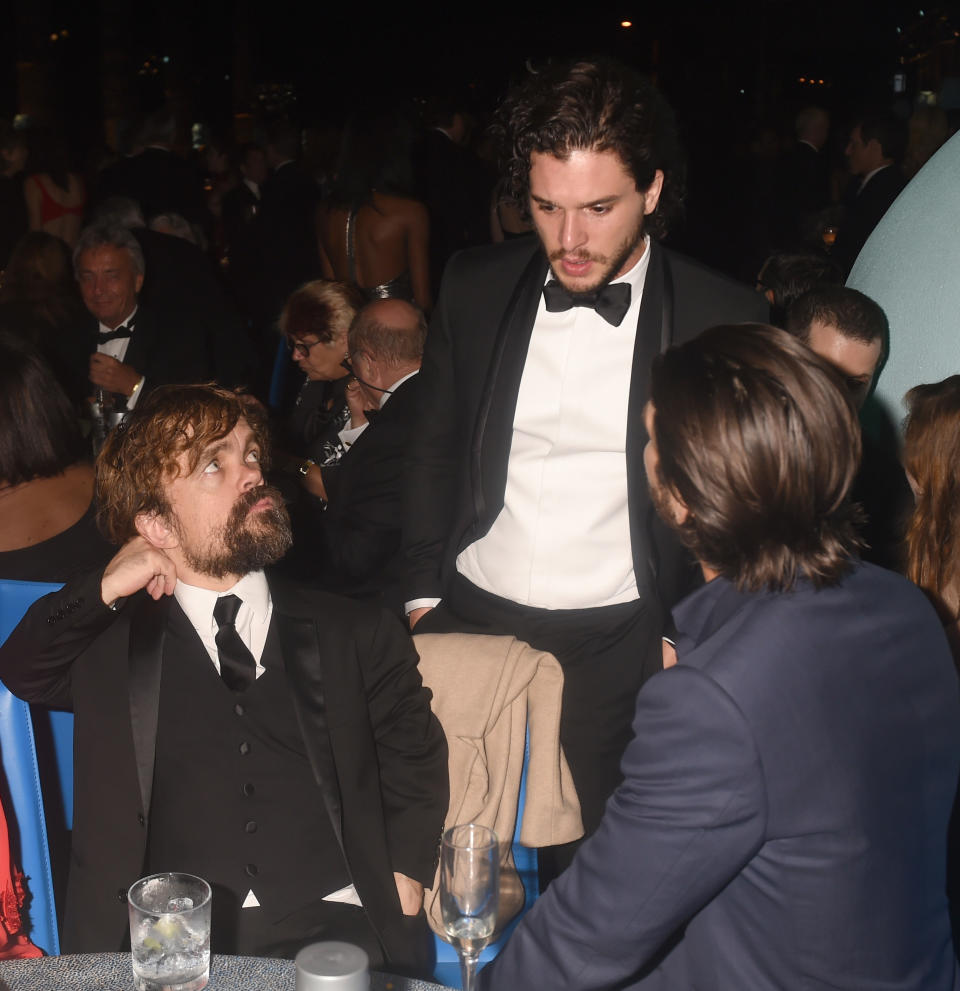 Peter Dinklage and Kit Harington chat at&nbsp;HBO's Official 2016 Emmy After Party at The Plaza at the Pacific Design Center on Sept. 18.