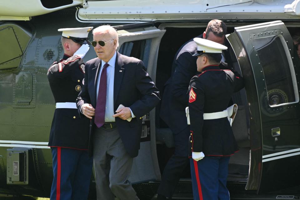 US President Joe Biden steps off Marine One upon arrival at Fort McNair in Washington, DC, on May 13, 2024. Biden is heading back to the White House after spending the week-end in his Rehoboth Beach, Delaware, vacation home. (Photo by Mandel NGAN / AFP) (Photo by MANDEL NGAN/AFP via Getty Images)
