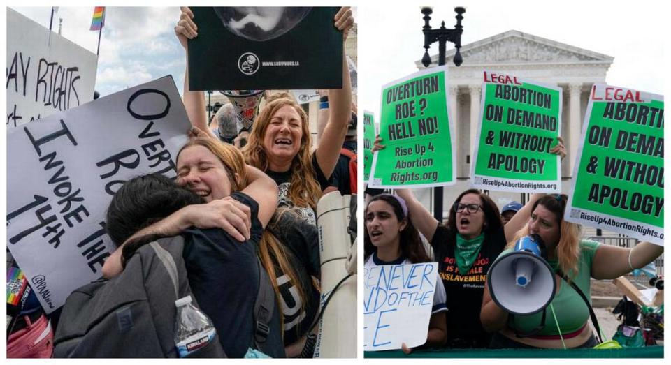 Grupos antiaborto celebran que la Corte Suprema haya anulado el caso Roe vs. Wade el viernes, a la izquierda, mientras que los activistas del derecho al aborto protestan por la decisión. Ambos grupos estaban frente al edificio de la Corte Suprema en Washington.