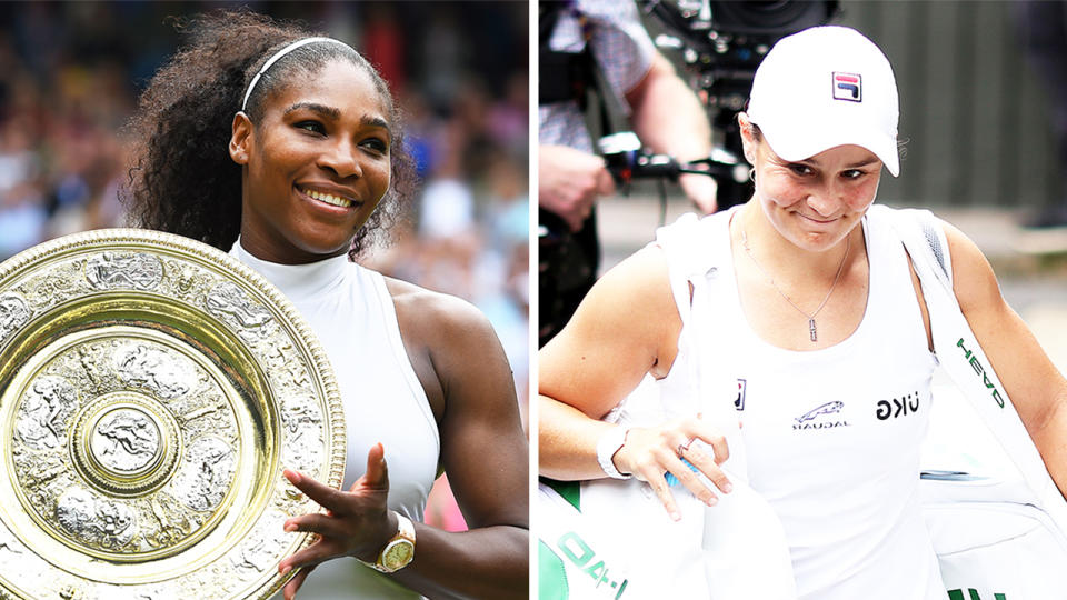 Ash Barty (pictured right) walking off Centre Court after her Wimbledon win and (pictured left) Serena Williams with the Wimbledon trophy.