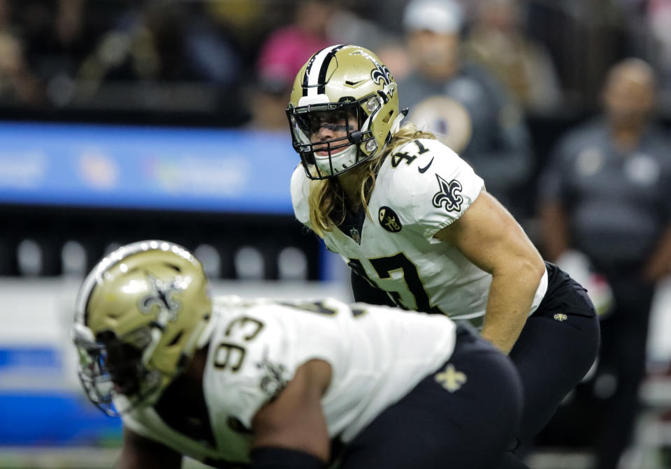 Oct 8, 2018; New Orleans, LA, USA New Orleans Saints linebacker Alex Anzalone (47) during the first half at the Mercedes-Benz Superdome. Credit: Derick E. Hingle-USA Today Sports