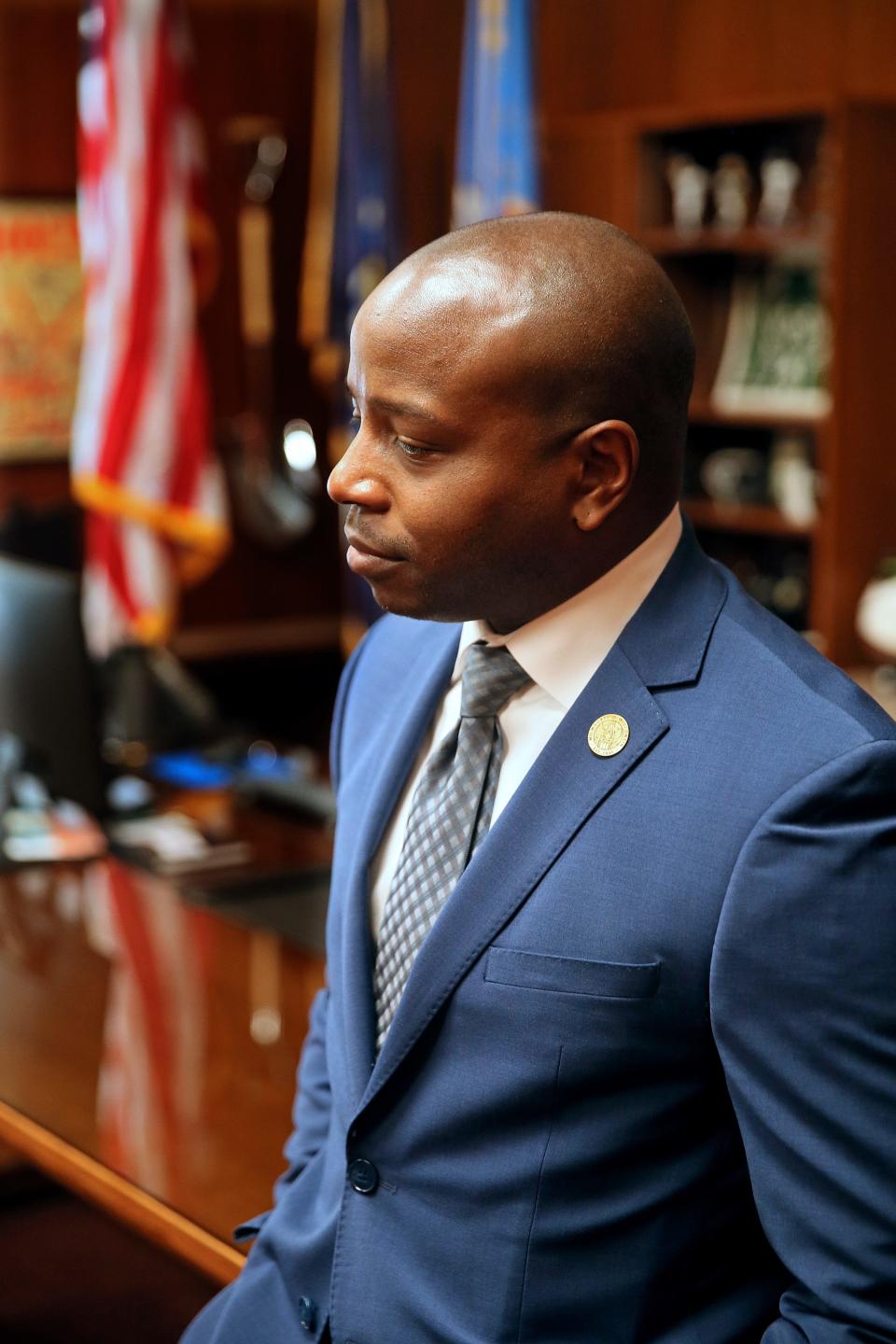 Milwaukee Mayor Cavalier Johnson pauses while being interviewed about his 100 days in office on Friday.