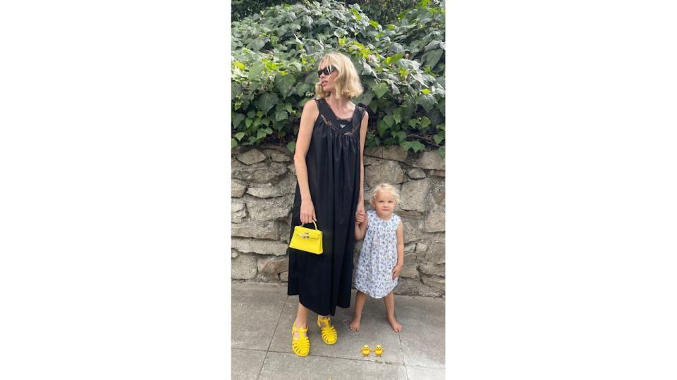 The Helsa founder paired some yellow jelly shoes by Ghiaia Cashmere with a co-ordinating mini Birkin