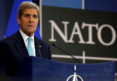 U.S. Secretary of State John Kerry holds a news conference at the NATO ministerial meetings at NATO Headquarters in Brussels December 2, 2015. REUTERS/Jonathan Ernst