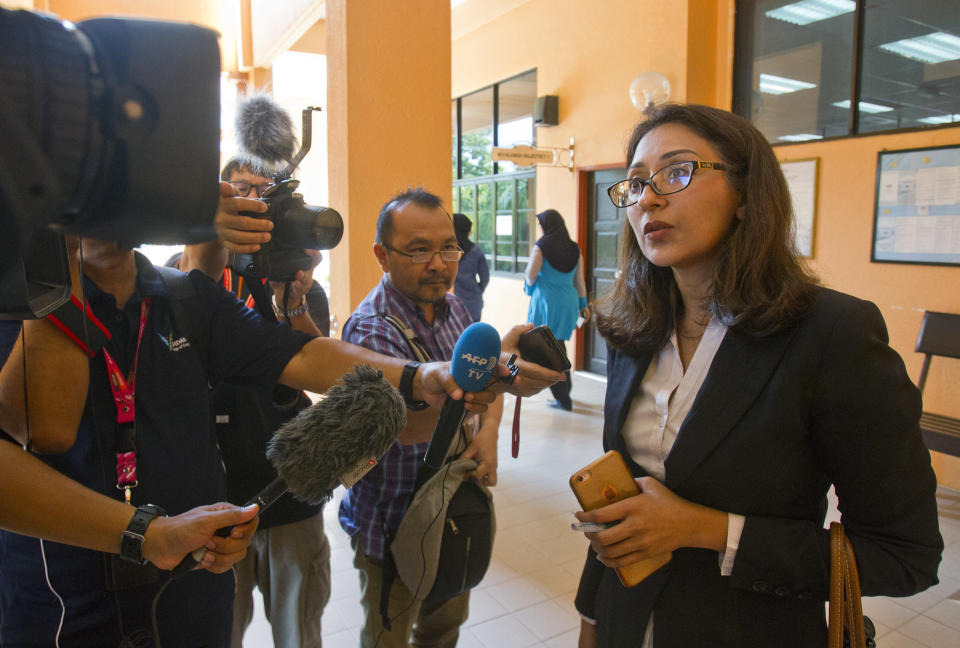 Jones’ lawyer Sangeet Kaur Deo speaks to the media after a court hearing (AP)