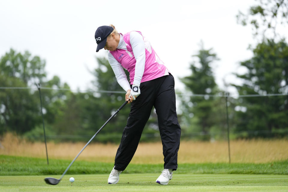 Celine Borge, of Norway, tees off on the fifth hole during the first round of the Women's PGA Championship golf tournament, Thursday, June 22, 2023, in Springfield, N.J. (AP Photo/Matt Rourke)