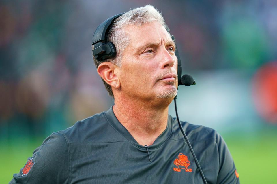 Cleveland Browns defensive coordinator Jim Schwartz looks on during a preseason game against the Philadelphia Eagles on Aug. 17, 2023, in Philadelphia.