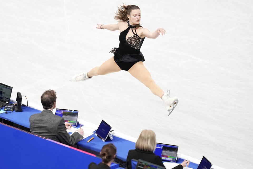 Kristen Spours of Britain performs during the women's short program in the World Figure Skating Championships in Saitama, north of Tokyo, Wednesday, March 22, 2023. (AP Photo/Hiro Komae)