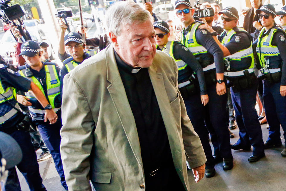 FILE - Cardinal George Pell arrives for a hearing at an Australian court in Melbourne, Australia, March 5, 2018. Pell, who was the most senior Catholic cleric to be convicted of child sex abuse before his convictions were later overturned, has died Tuesday, Jan. 10, 2023, in Rome at age 81. (AP Photo/Asanka Brendon Ratnayake, File)