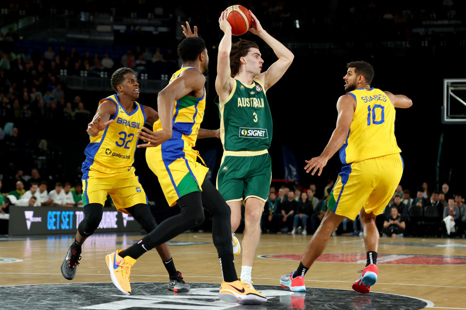 MELBOURNE, AUSTRALIA – AUGUST 16: Josh Giddey of Australia takes possession of the ball during the match between the Australia Boomers and Brazil at Rod Laver Arena on August 16, 2023 in Melbourne, Australia. (Photo by Graham Denholm/Getty Images)