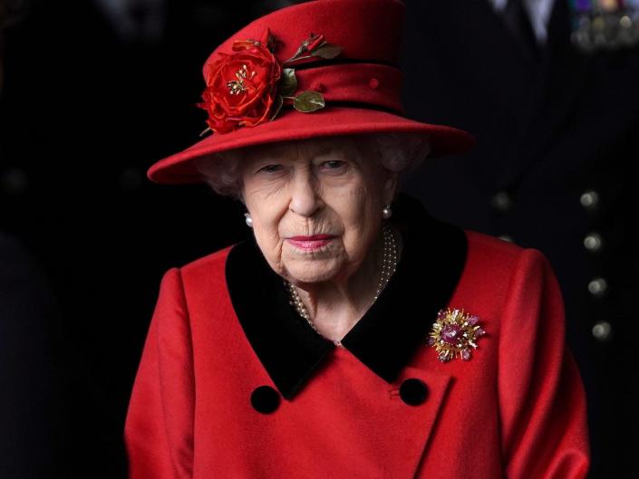 Britain's Queen Elizabeth visits Royal Navy aircraft carrier HMS Queen Elizabeth at HM Naval Base in Portsmouth, Britain May 22, 2021.